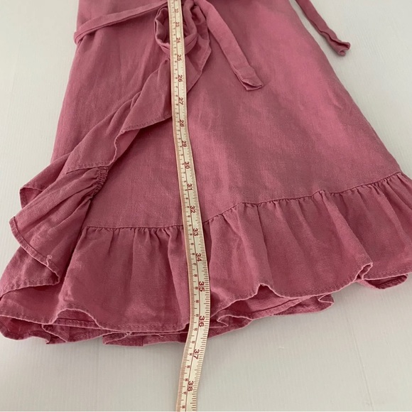 Portmans Madison Wrap Dress Pink Linen Blend Tie Waist Short Ruffle Size L 14 - Picture 11 of 11